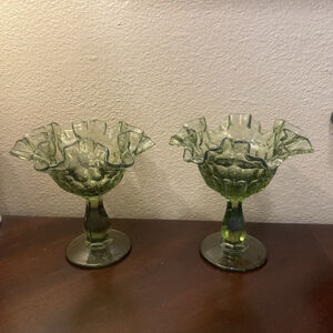 2 Vintage Fenton Green Glasses Thumbprint Ruffled Edge Pedestal Candy Dish Mint